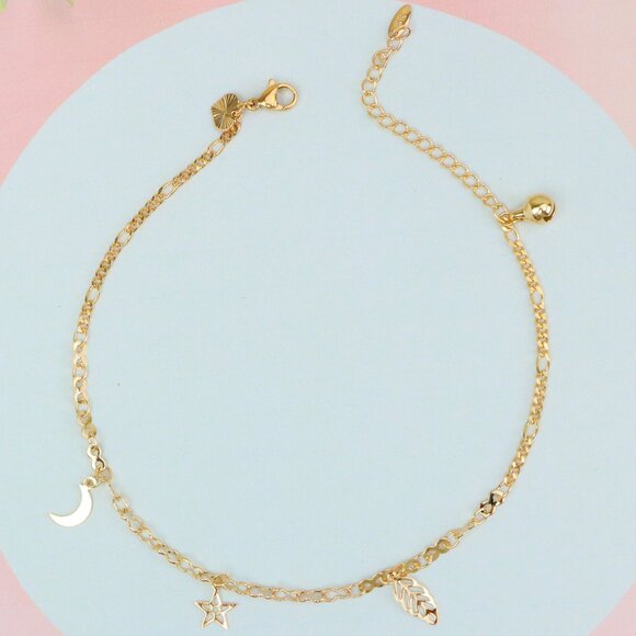 "Rose Gold Moon & Star Anklet with Leaf Charm, XPAL1182 - Picture 1 of 13